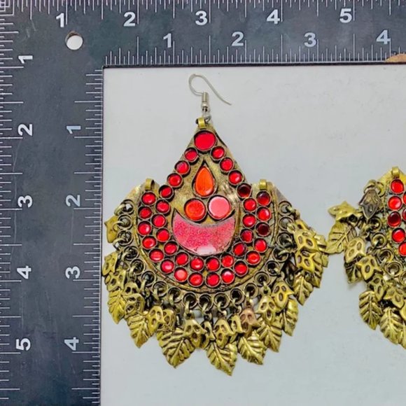 Handmade Afghan Kuchi Earrings: Red Glass Boho Jewelry - Picture 8 of 12